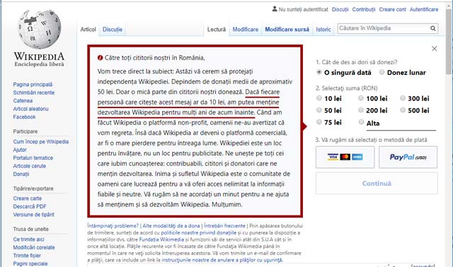 Wikipedia cere donaţii utilizatorilor